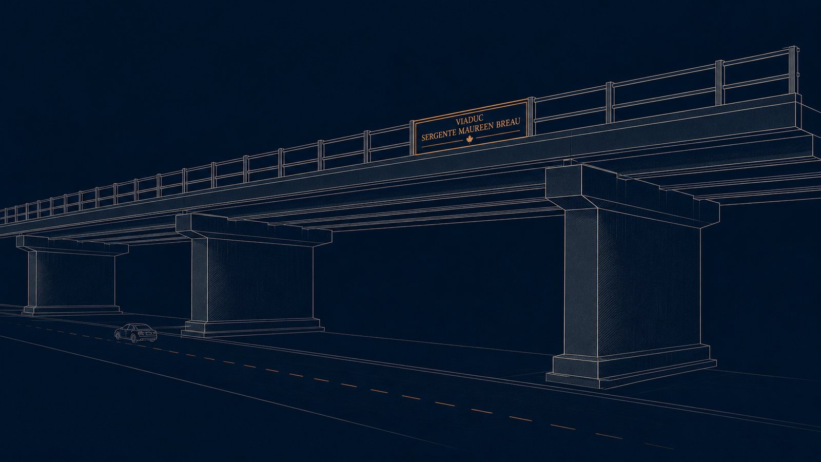 Schéma de principe d'un viaduc commémoratif : vue isométrique d'un ouvrage du réseau autoroutier provincial portant un panneau au nom d'une policière ou d'un policier décédé en service.